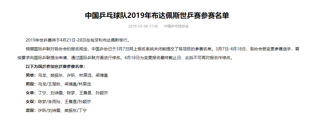 2019乒乓球国家一队名单(中国乒乓球队2019年布达佩斯世乒赛参赛名单)