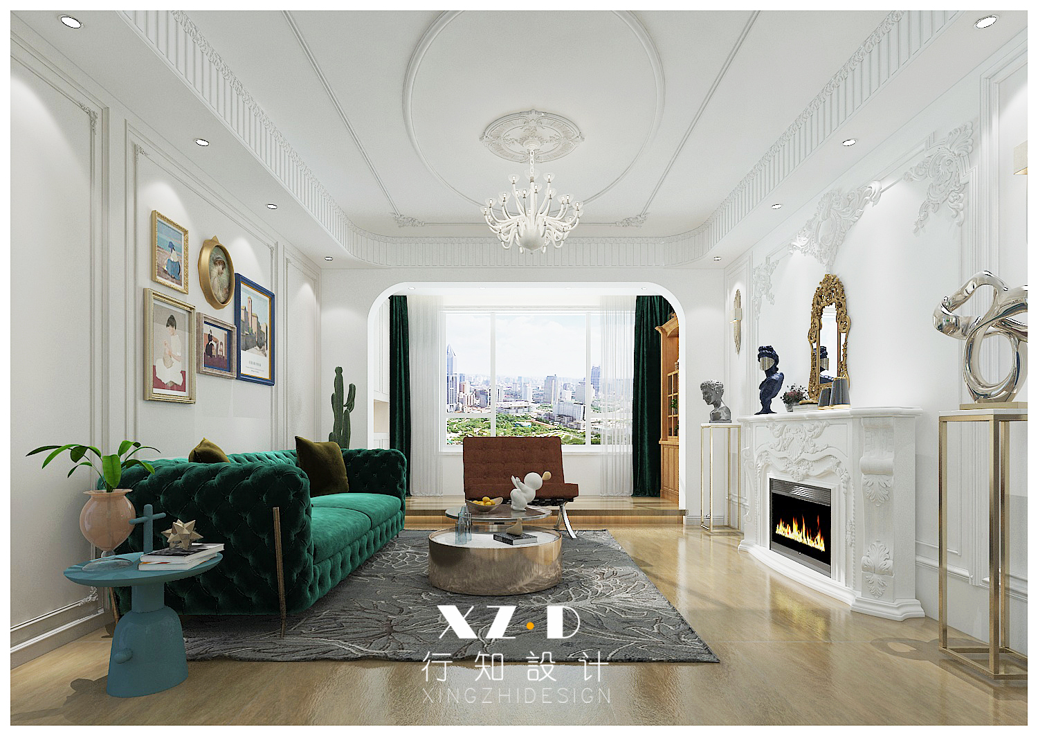 设计案例:济南财富壹号轻奢法式风格,壁炉造型电视墙简洁又漂亮