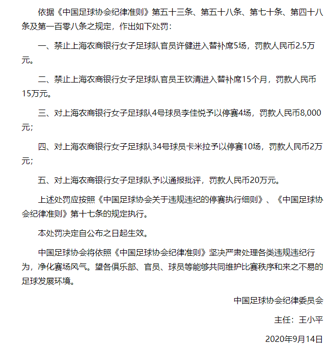 足协重罚女超冲突(足协重罚女超冲突涉事人员：上海外援禁赛10场，2名国脚中招)