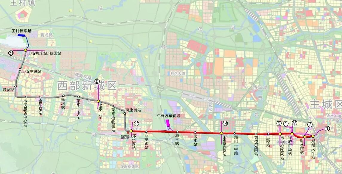 郑州在建一条地铁线，长约43 千米，设22站，促进西部新城区发展