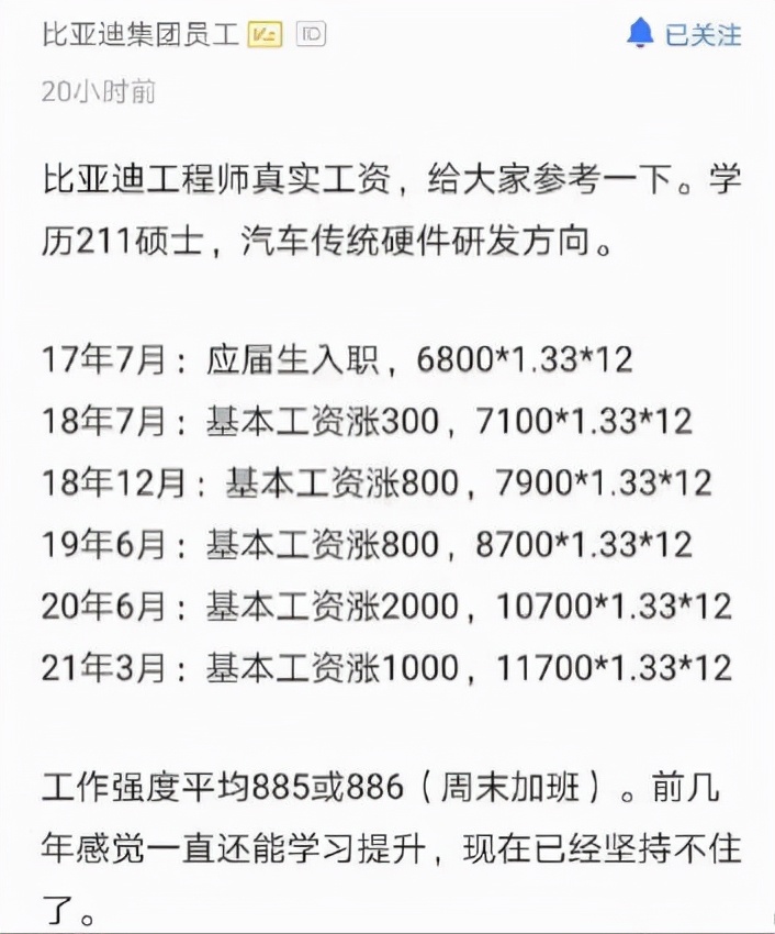 比亞迪工程師工資曝光，網友：這樣怎么造好車？