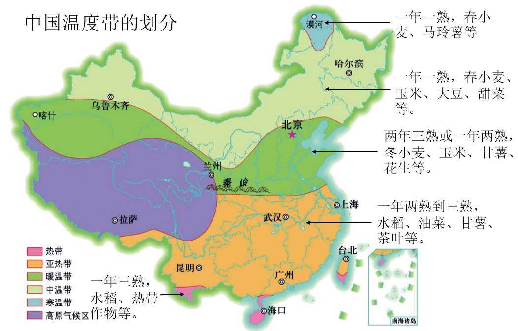 中国南北跨度大,跨越了温带,亚热带和热带,大部分地区热量充足,自然
