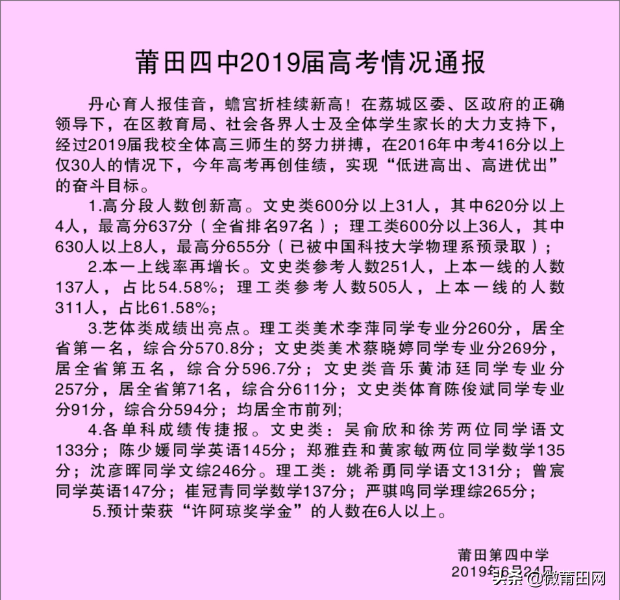 莆田高考喜报，莆田的这些好中学喜报连连，有你的母校吗？