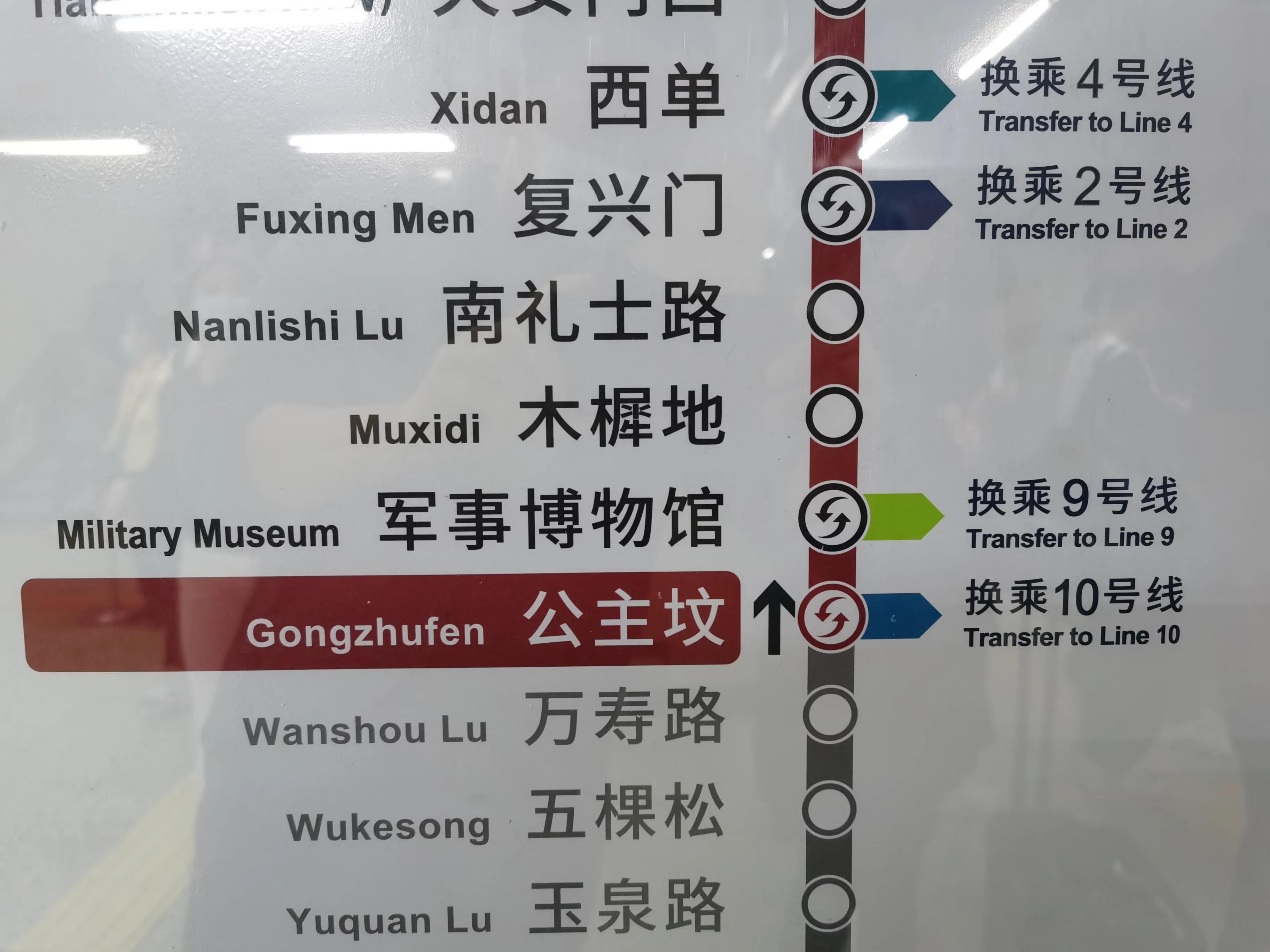 地铁公主坟站,也是一号线转十号线的转换站