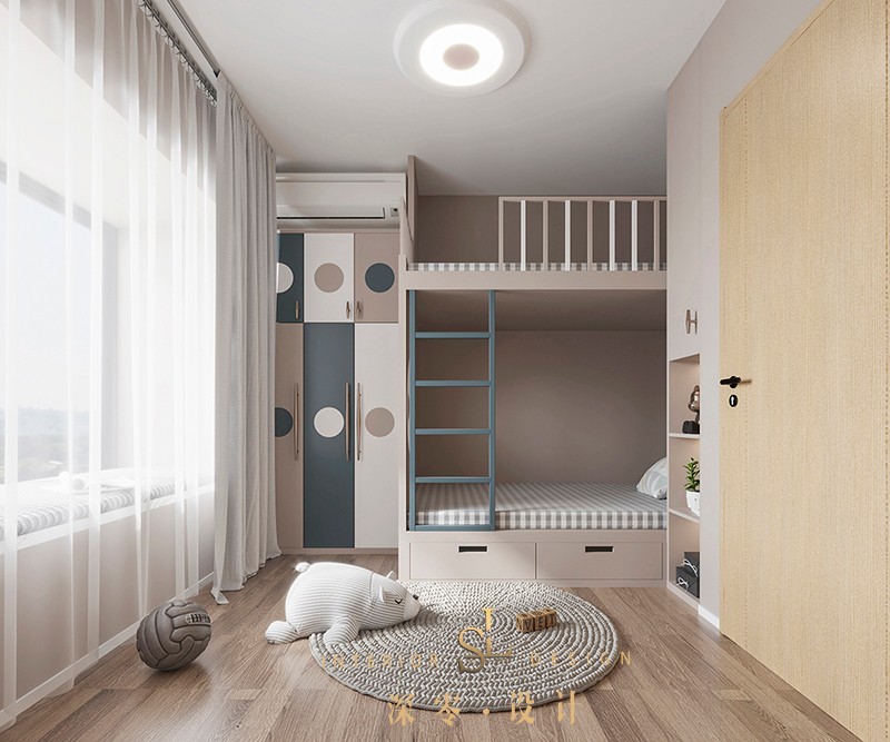 親子房設計8㎡兒童房教科書式裝法，高低床見縫插衣櫃，把每1㎡利用到極致