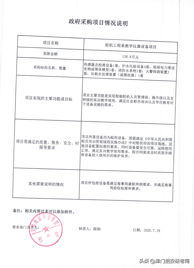 天津海运职业学院2020年07月至2020年08月政府采购意向发布