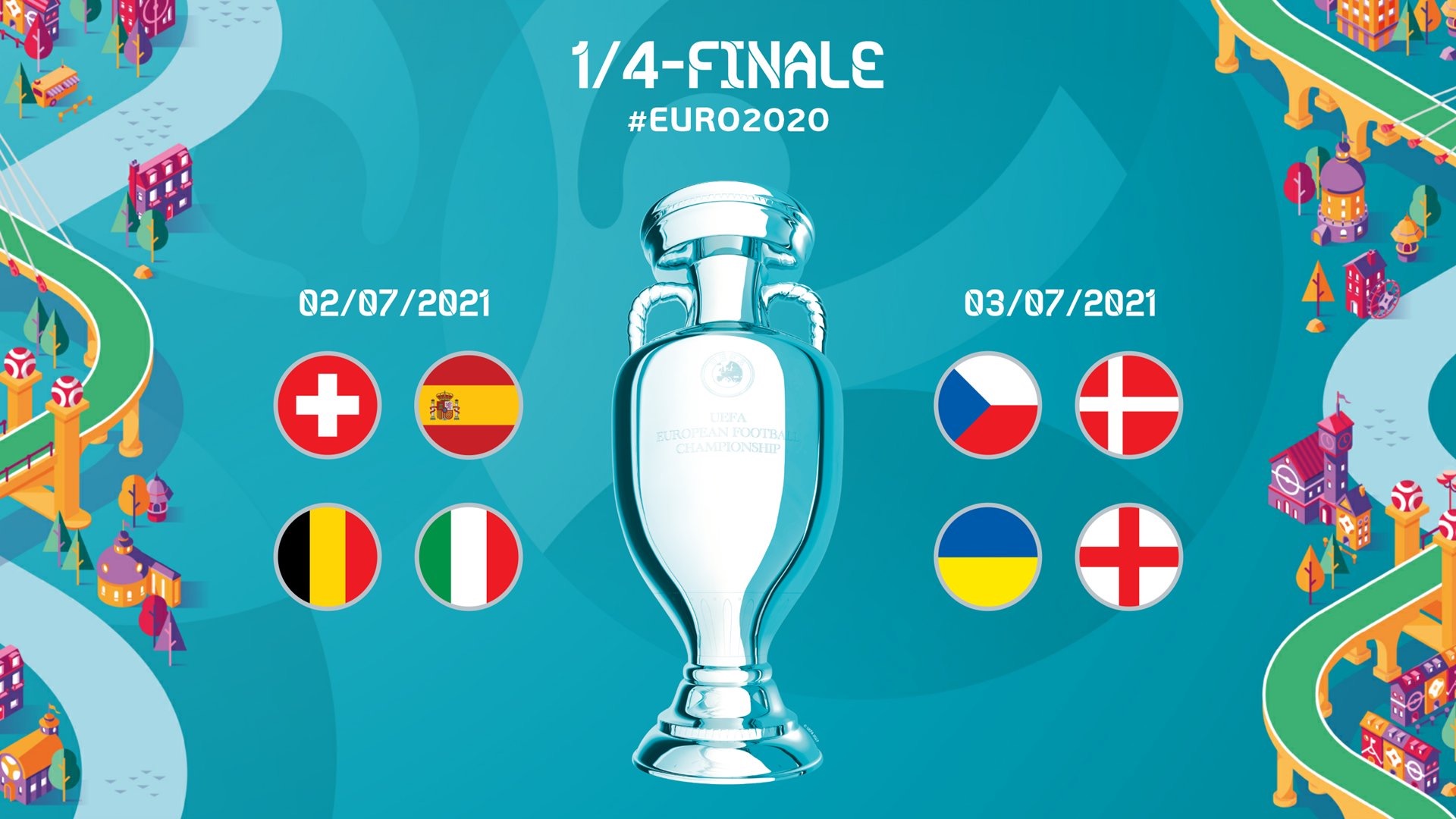 欧洲杯八强对阵：比利时大战意大利 英格兰PK乌克兰 西班牙战瑞士