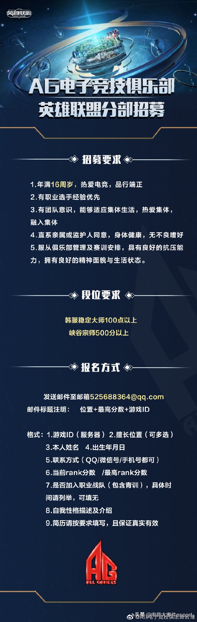 cf电竞俱乐部招聘(电竞豪门AG俱乐部正在招募LOL职业选手，疑似要进军LPL？)