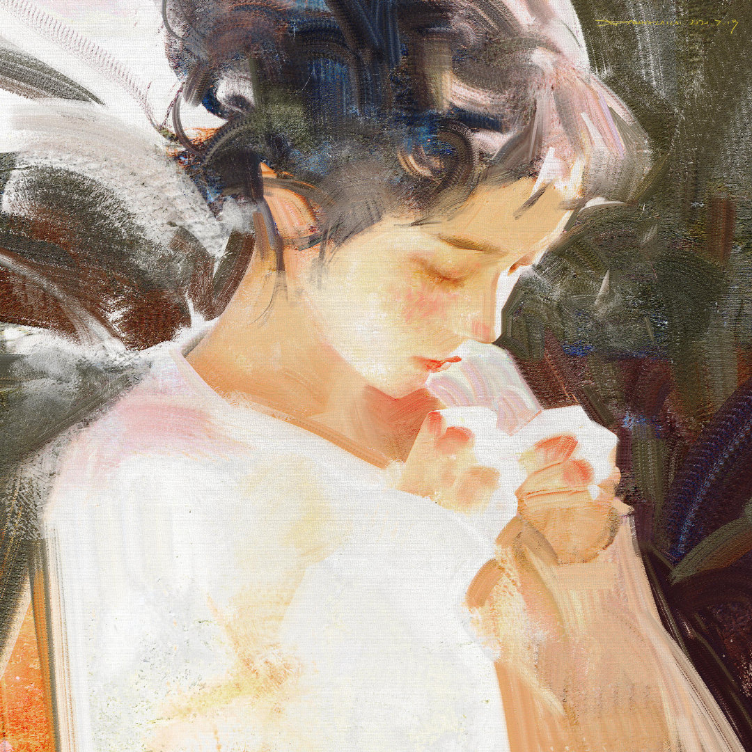 白衣女孩(高级油画质感的插画作品,笔下的白衣少女太梦幻了)