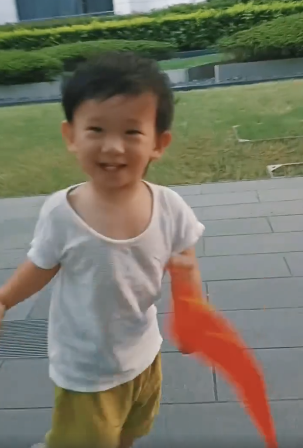 应采儿罕晒次子视频，HoHo举着红旗一路小跑，露小乳牙萌态尽显