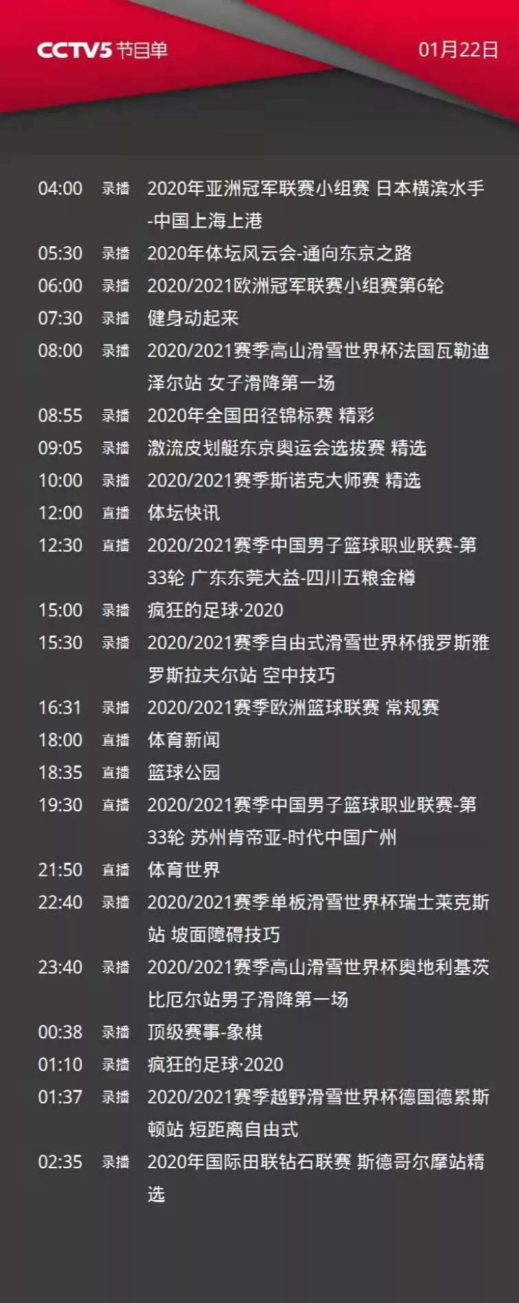 一月22號哪個臺直播cba（CCTV5今日節目單：CBA(廣東-四川、江蘇-廣州)）