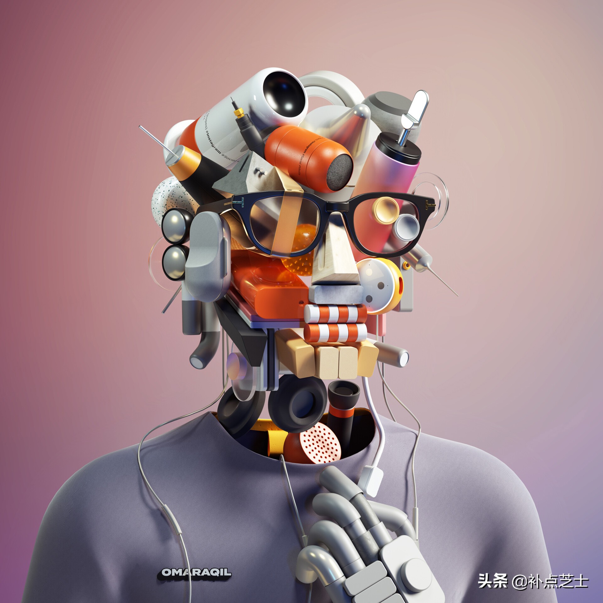 数字渲染拼贴3D物体，艺术家给自己画出了未来派自画像