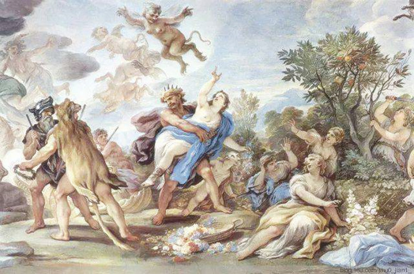 恋爱就很生气,所以,阿芙罗狄忒头带神圣光环呼唤着他的儿子爱神厄洛斯