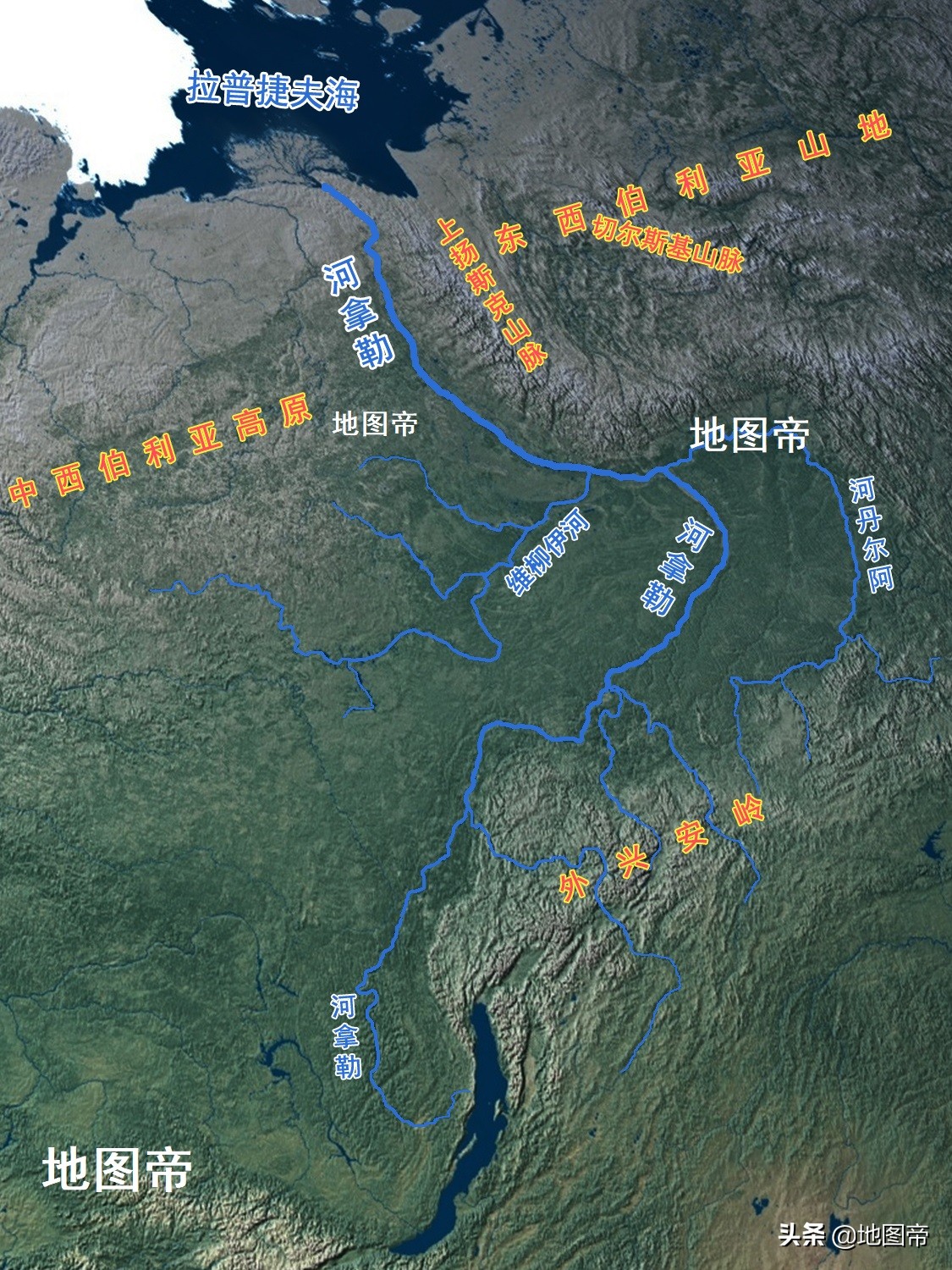 勒拿河干流从西南部进入萨哈共和国,划了一个半圆后向北流,最终注入