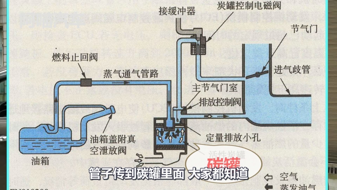 的车子,燃油的油蒸气不再直接散发到环境中,而是通过油箱上方的管道