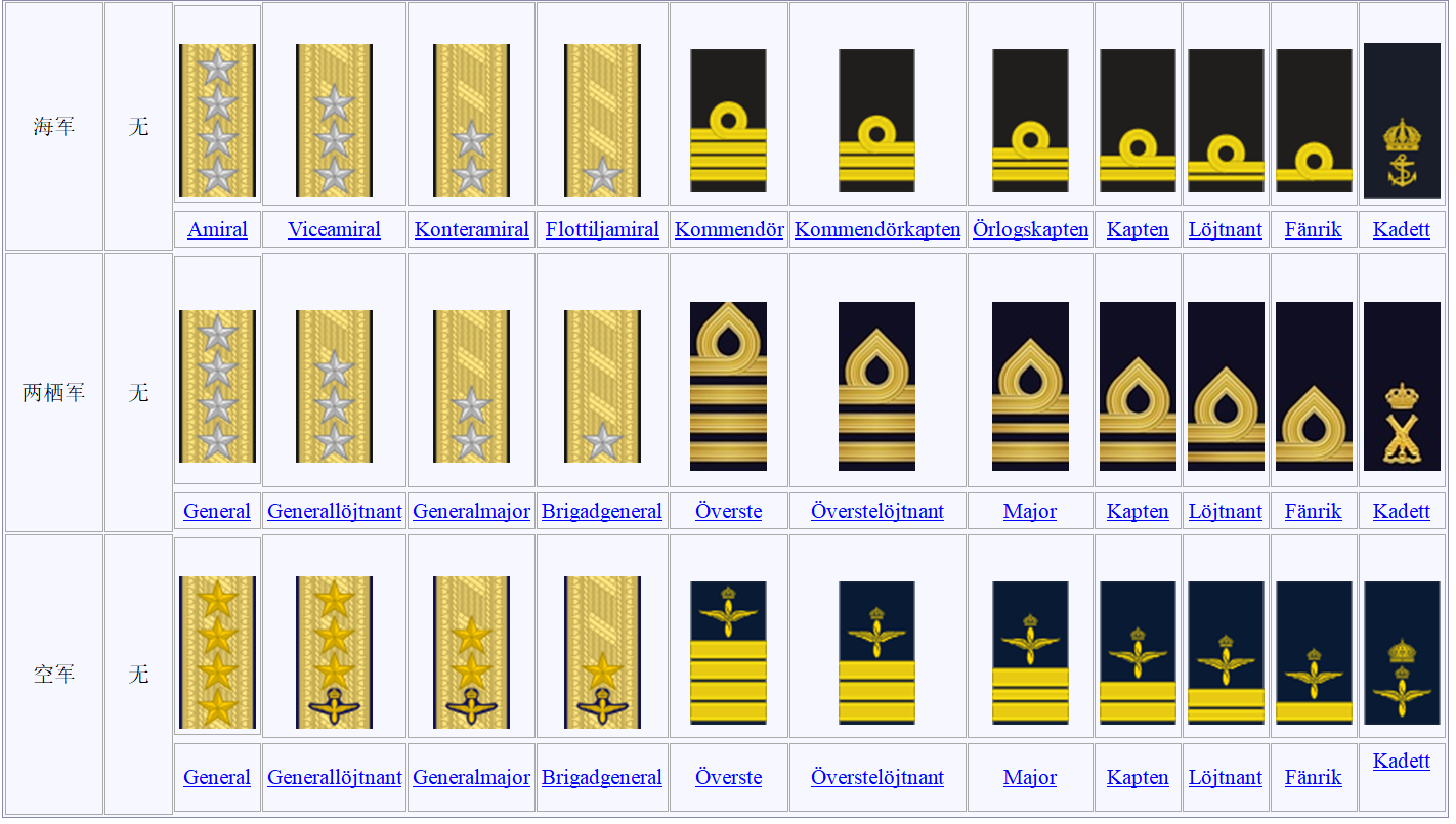 少将,准将,上校,中校,少校,上尉,中尉,少尉和学员,各军衔都对应瑞典语