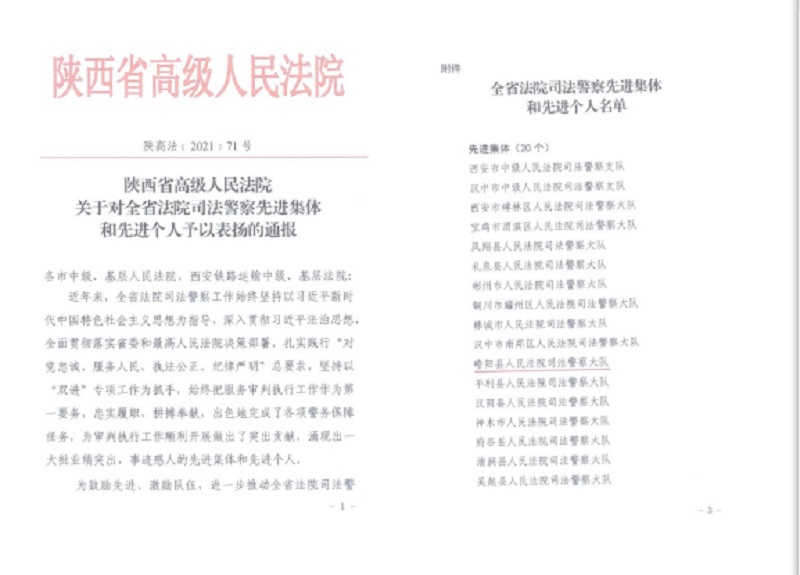 汉中市略阳法院司法警察大队荣获全省法院司法警察先进集体荣誉称号