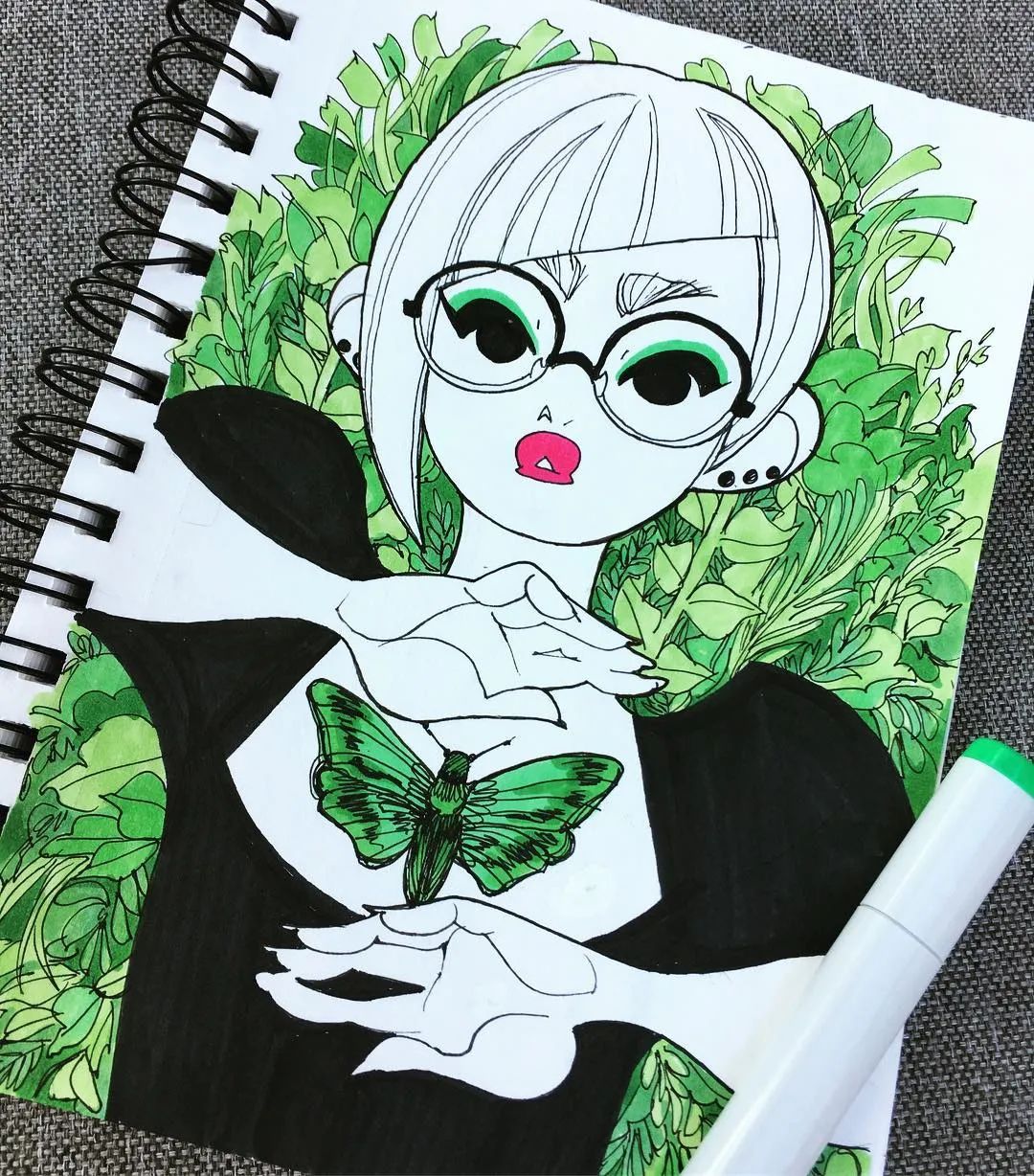 又酷又炫的60张线描马克笔少女,动感,帅气的画风,简单清新