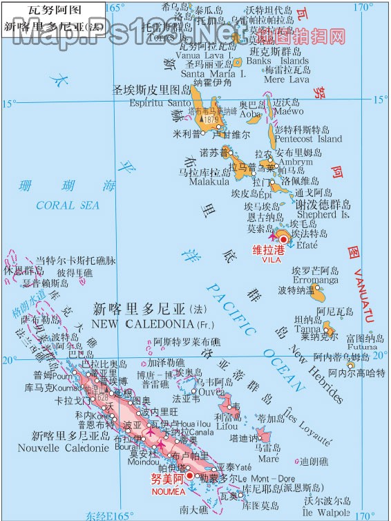 瓦努阿图地图,新喀里多尼亚地图瓦努阿图面积12190平方公里.