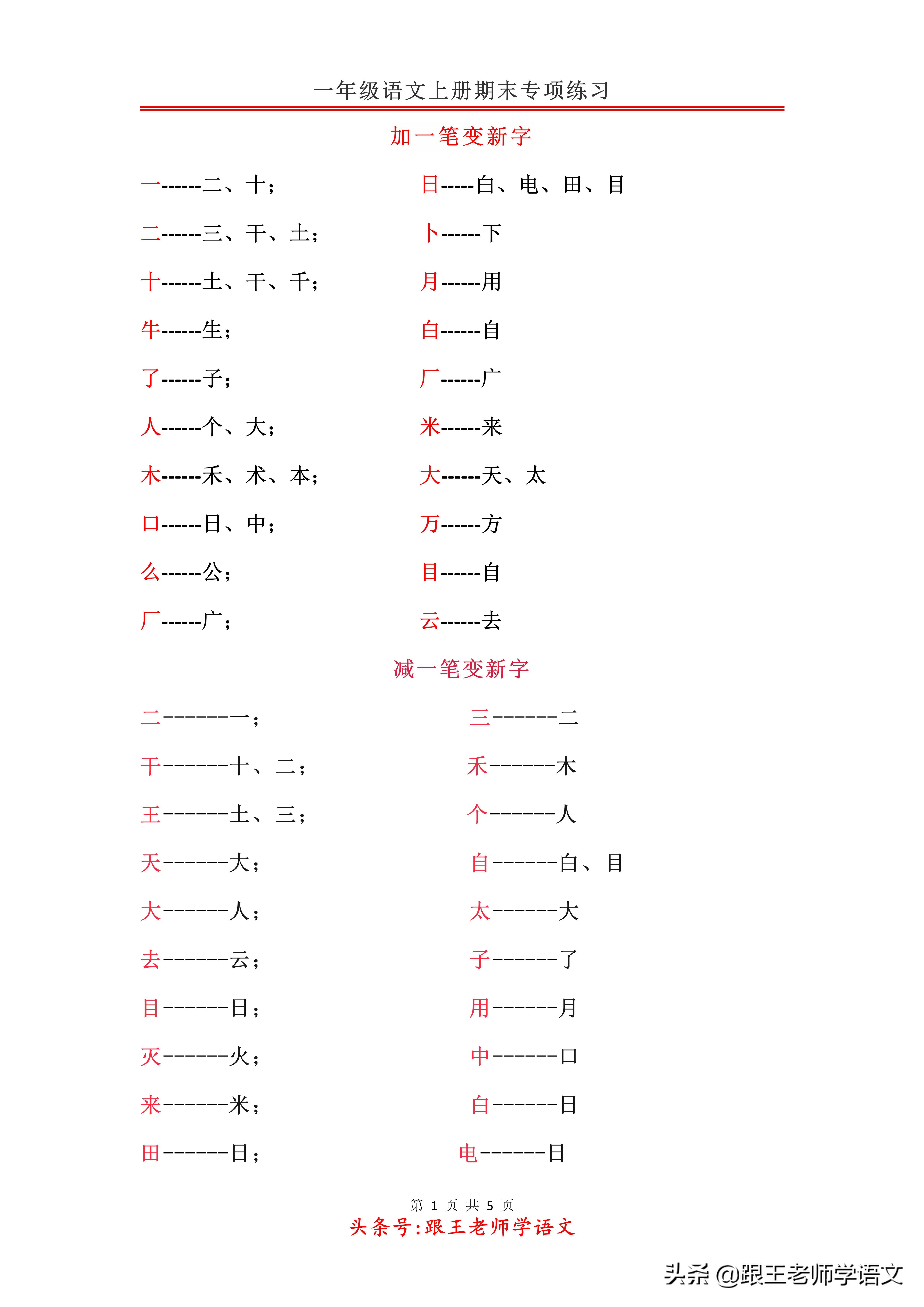 一年级语文上册期末专项练习：偏旁笔顺+加一笔、减一笔、变一笔
