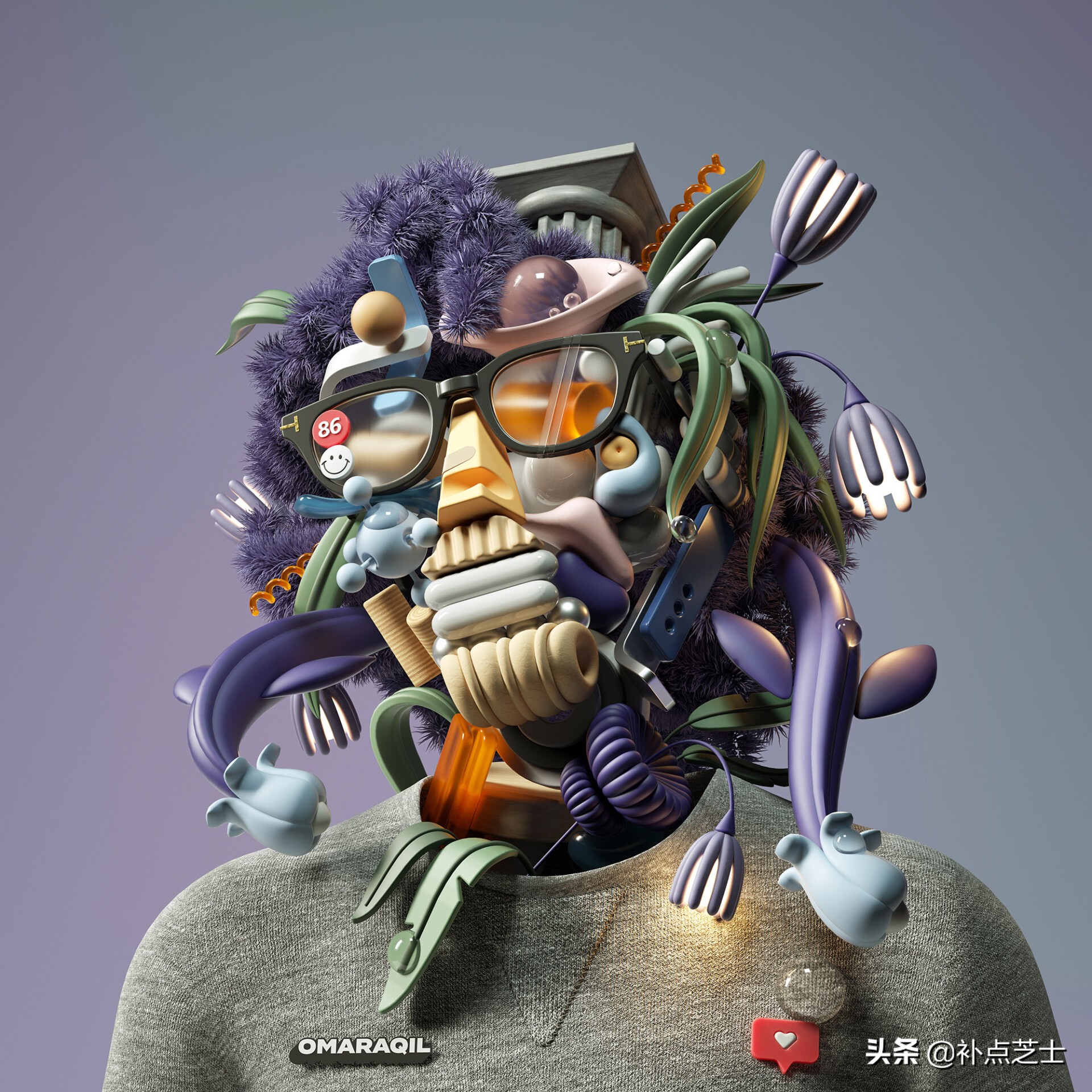 数字渲染拼贴3D物体，艺术家给自己画出了未来派自画像