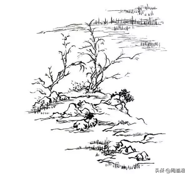 国画教程|山的表现方法、山石墨法及山坡路径、泉水瀑布的画法