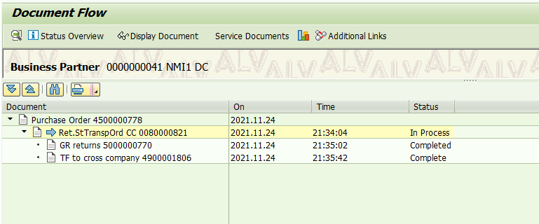 SAP 公司间退货STO的交货单PGI报错 - PO4500000773 does not contain