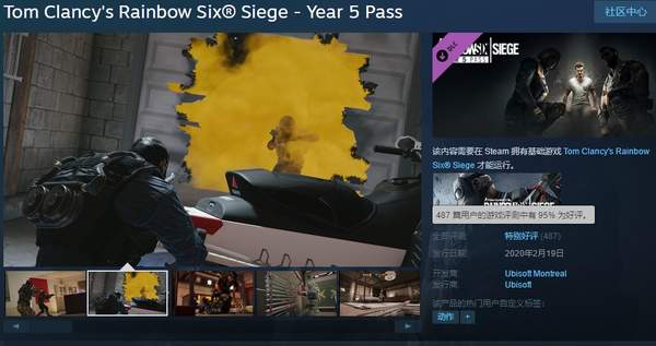 《彩虹六号：围攻》季票5上架Steam 98元，特别好评
