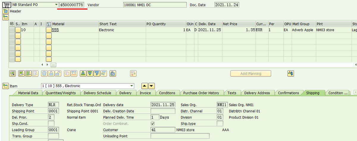 SAP 公司间退货STO的交货单PGI报错 - PO4500000773 does not contain