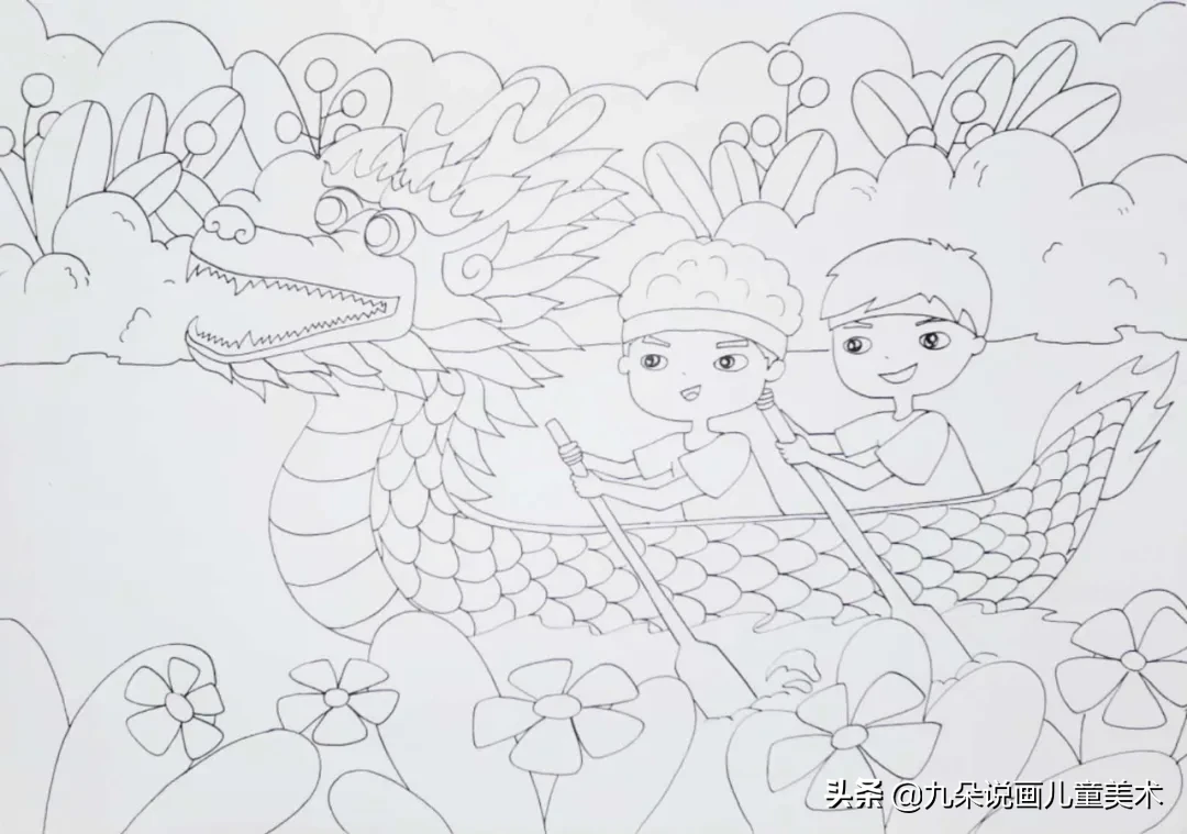赛龙舟绘画图片简单(儿童创意绘画教程-马克笔画《端午节赛龙舟》)