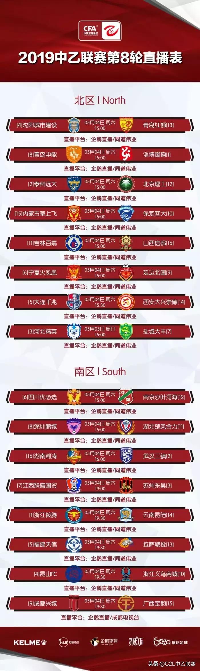 2019中乙联赛 | 直播表（第8轮）