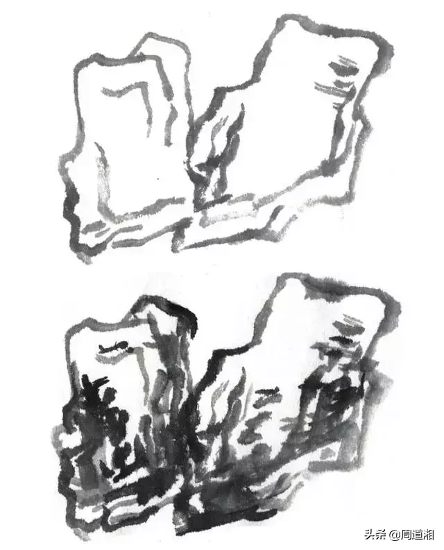 国画教程|山的表现方法、山石墨法及山坡路径、泉水瀑布的画法