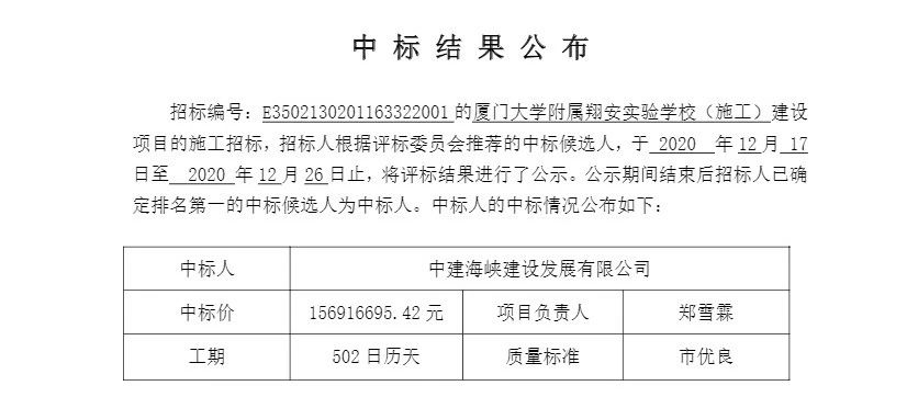 厦大附属翔安实验学校完成招标！另三校迎关键进展
