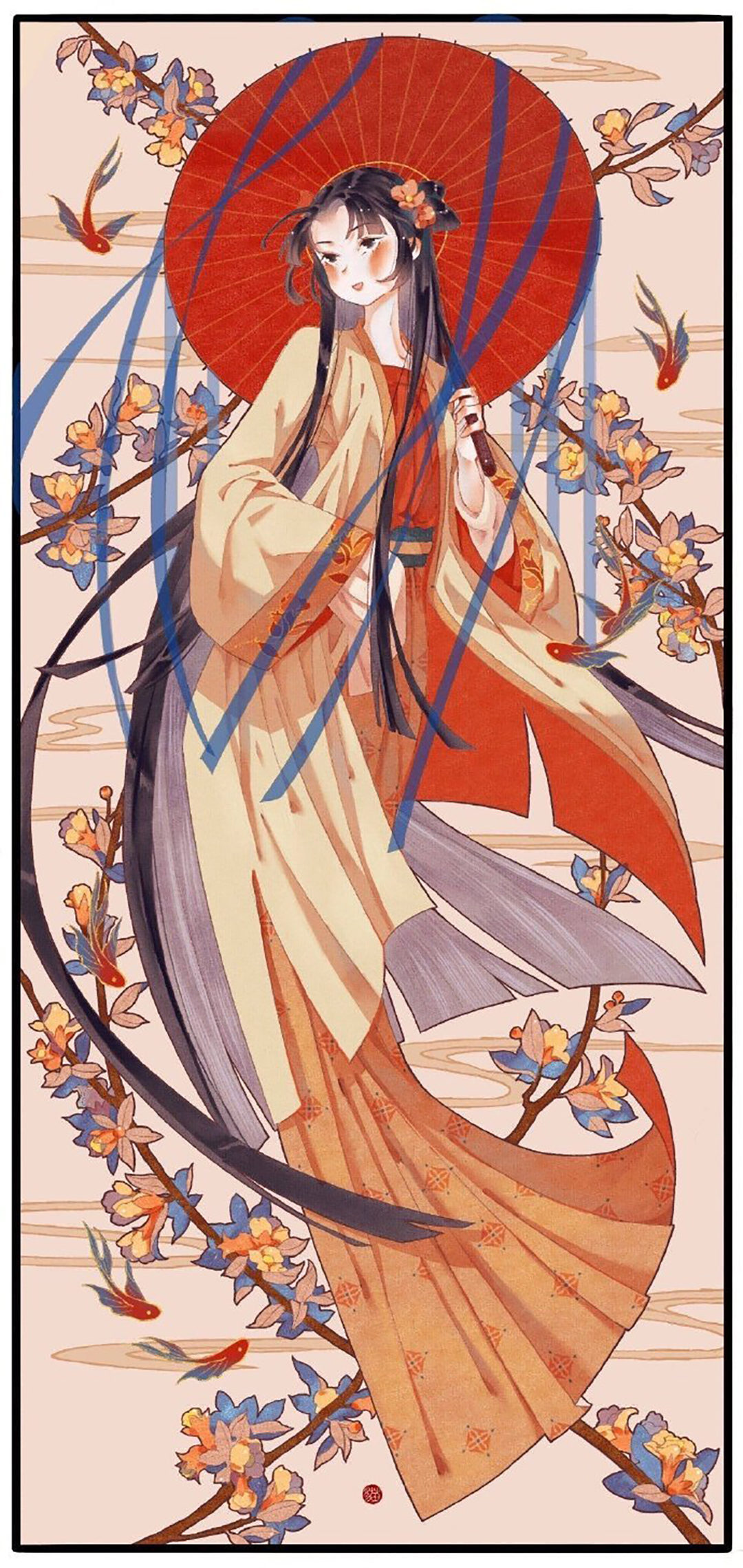 漂亮的古风美少女插画，画面构图简洁，给观者留下更多的遐想