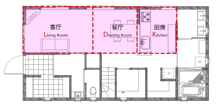 客厅餐厅一体装修效果图隔断(火红LDK设计，客餐厨一体化布局，看起来超过150㎡！（附户型图）)