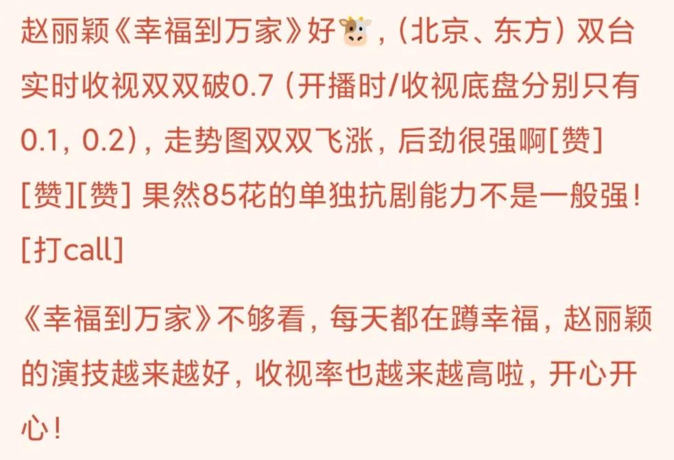 实时丨北京东方《幸福》收视双双飞涨，赵丽颖抗剧能力真的强