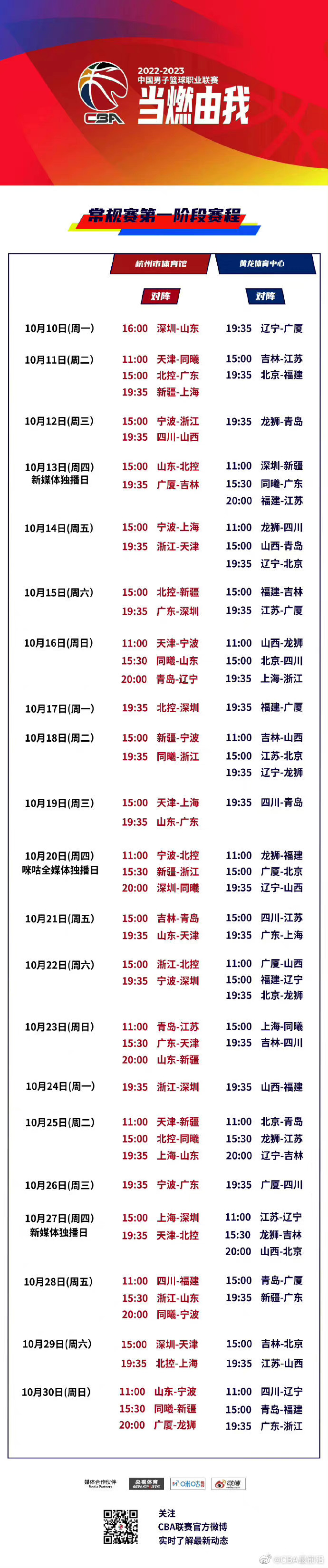 cba赛程安排11月8号(CBA公布常规赛第一阶段赛程：10月10日开战 首轮上演辽宁VS广厦)