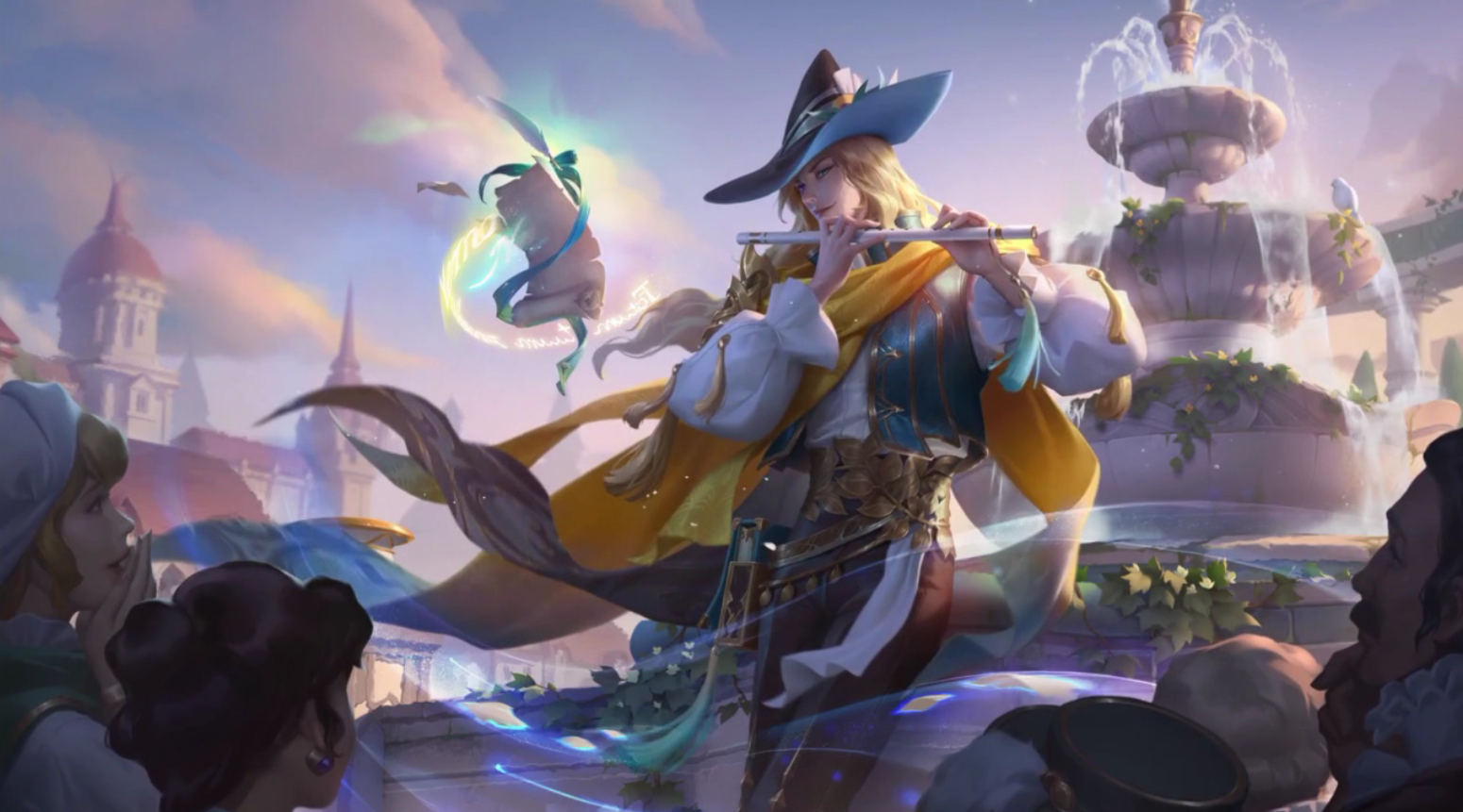 这款皮肤的海报所描绘的是一名吟游诗人正看着乐谱给孩子们吹奏魔笛的