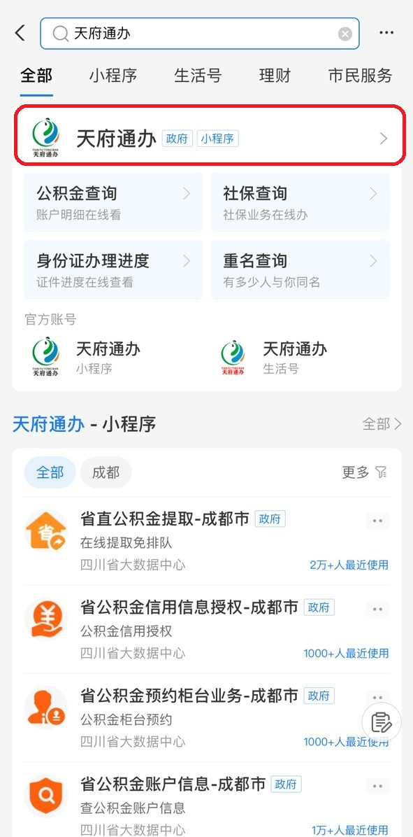 支付宝首页搜索“天府通办”，热门服务点击即用