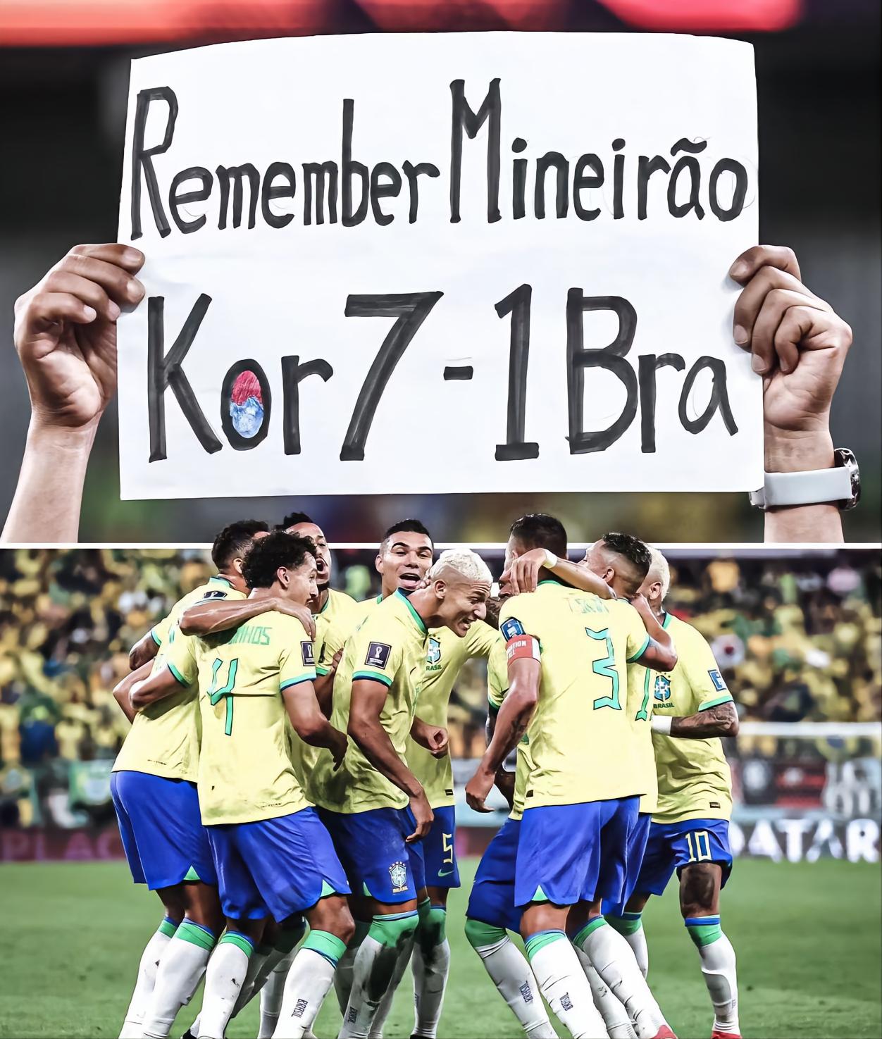 韩国球迷用7比1嘲讽巴西(韩国球迷打出7-1标语，巴西换第三门将，狂跳桑巴舞庆