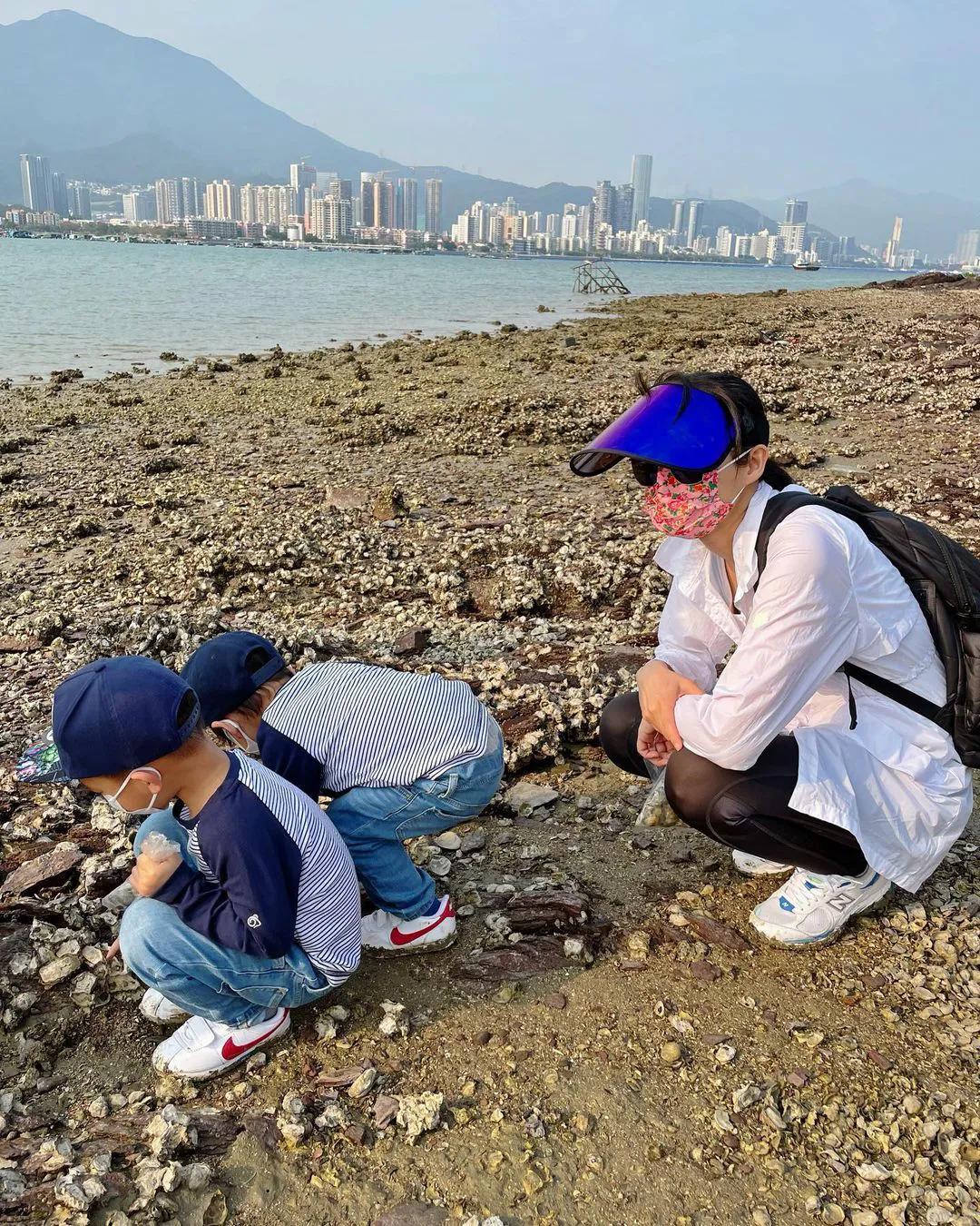 胡杏儿夫妇带俩儿子去捡贝壳，亲子活动温馨有爱，奕霖累到走不动