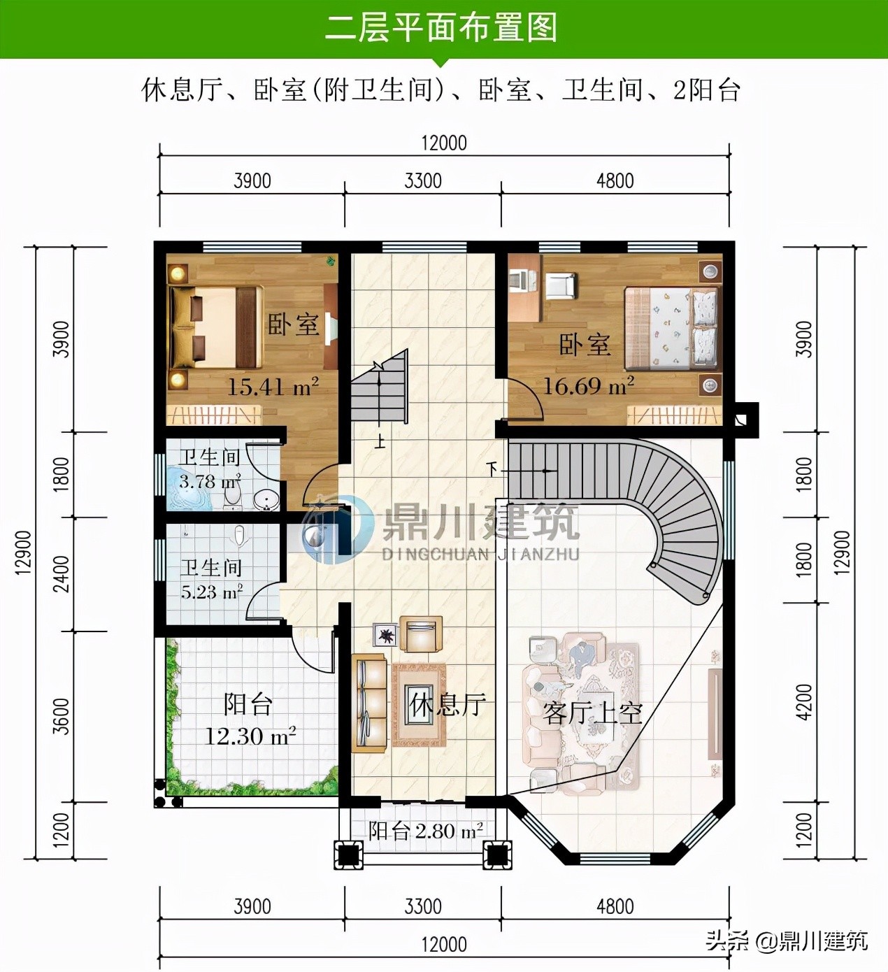 复式三层别墅，设旋转楼梯户型接地气，7卧室带多功能厅和储藏室