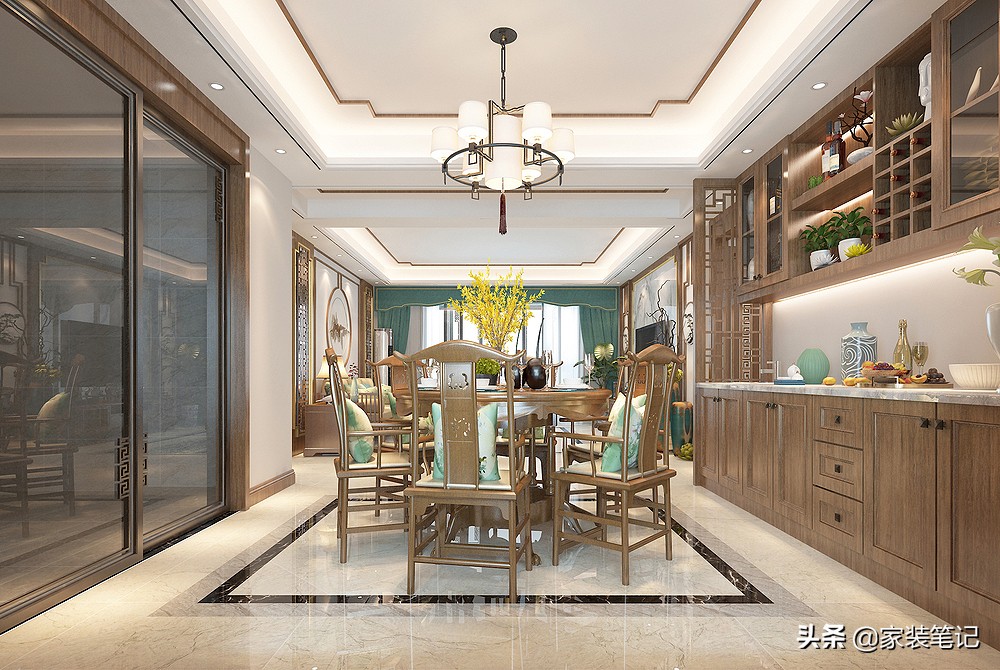 她家的中式风装修，在小区里面堪称经典，色彩、硬装搭配很有品味