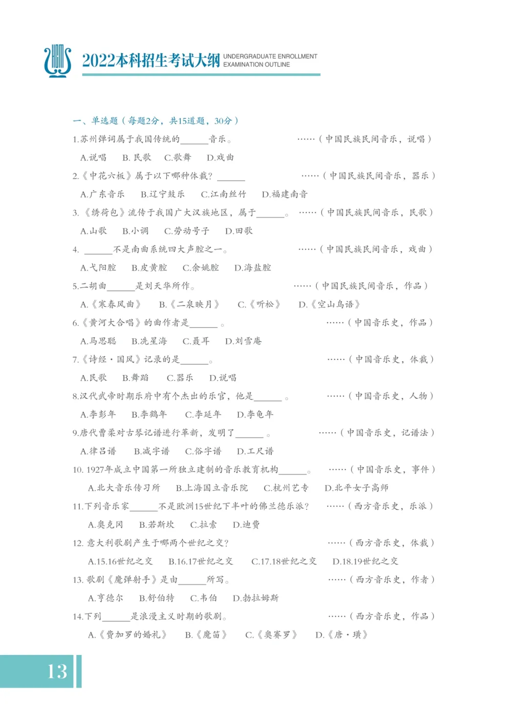 哈尔滨音乐学院2022年本科招生考试大纲