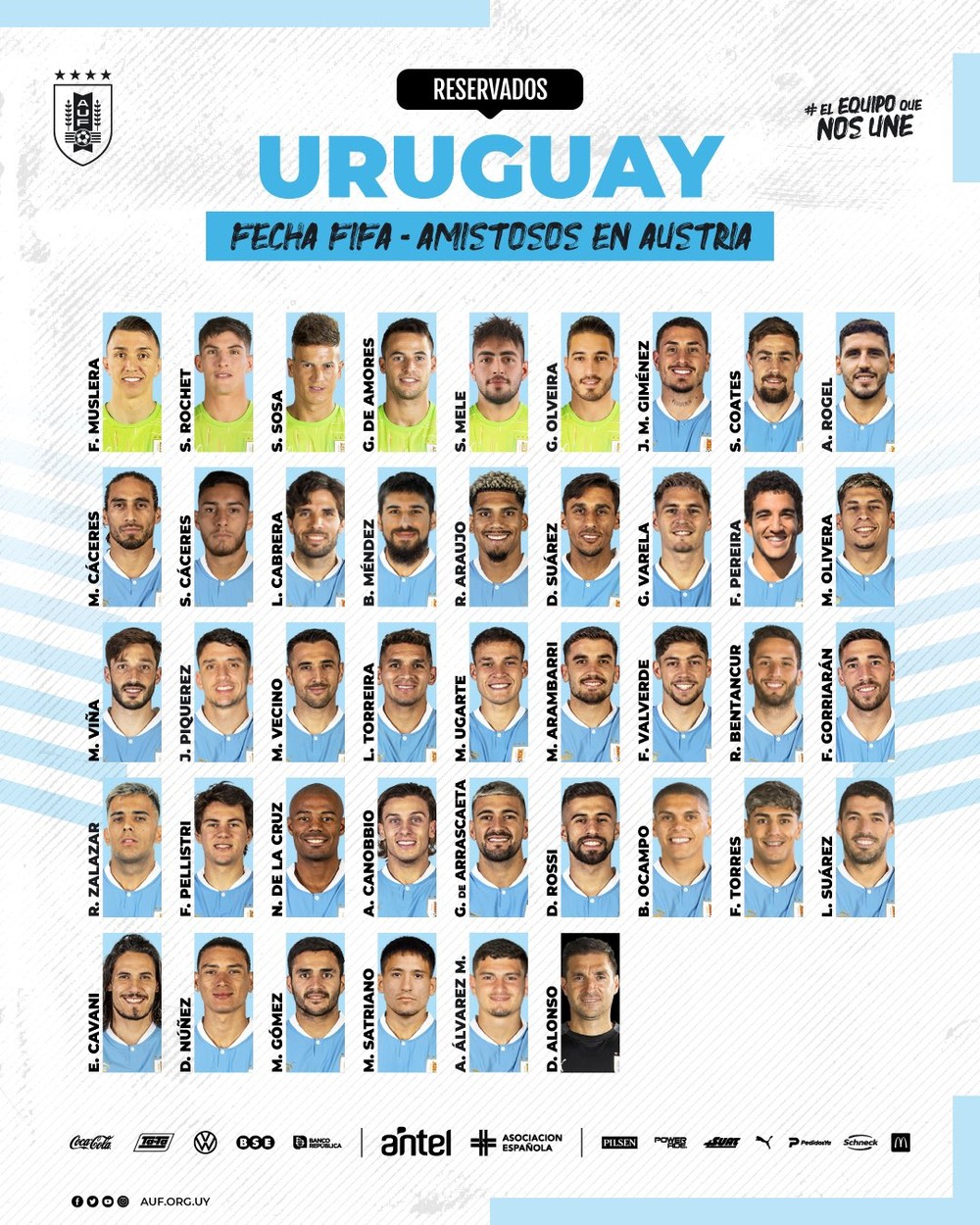 乌拉圭队名单(乌拉圭公布热身赛名单：努涅斯、苏亚雷斯领衔，戈丁因伤缺阵)