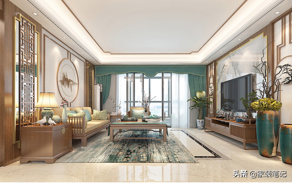 她家的中式风装修，在小区里面堪称经典，色彩、硬装搭配很有品味