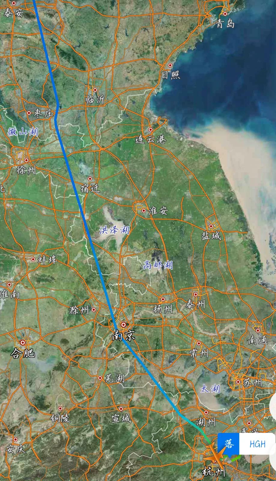 北京首都機場至杭州蕭山機場飛機後半段空中飛行航線由於飛機是從西北