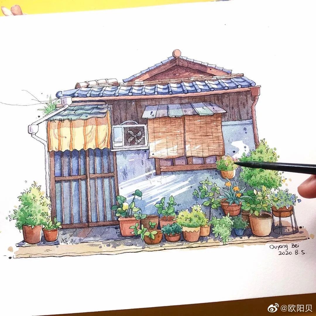 95后美女教你画钢笔淡彩，张张都是精品，构图和配色超棒