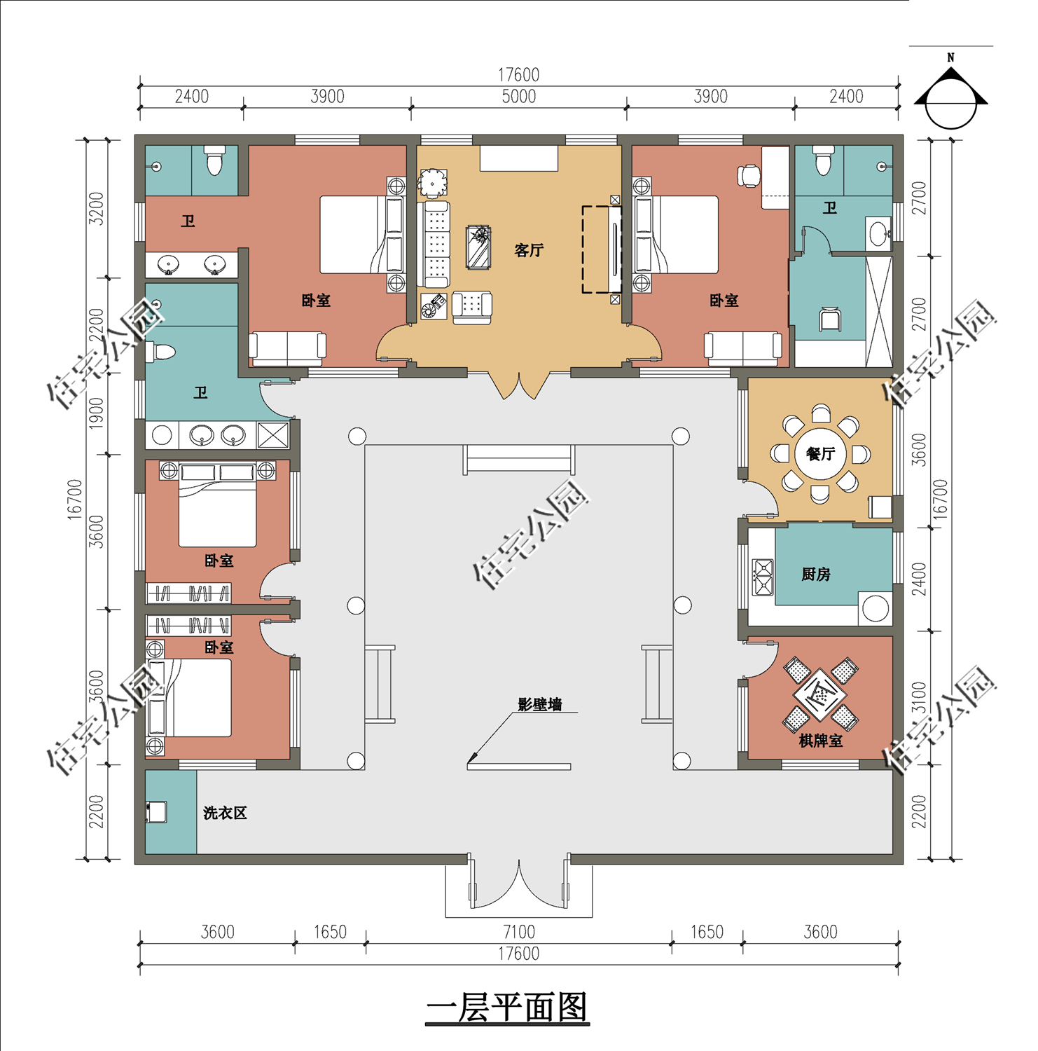9m建筑情况:共设6室 2厅 2卫 1厨 2堂屋 1茶室 1廊道平面布局图:户型