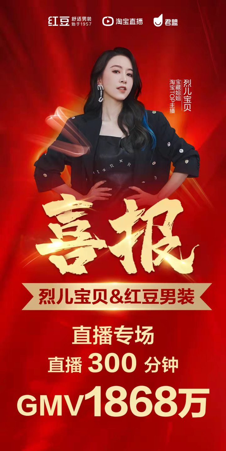 榮登男裝品類TOP1，紅豆男裝天貓單場直播破1868萬